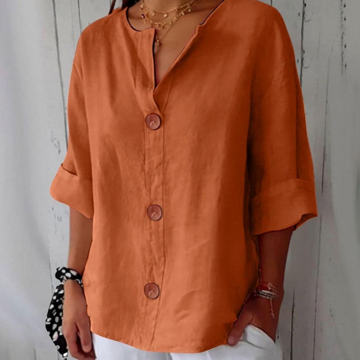 Women's Relaxed-Fit V-Neck Button-Down Linen Blouse - Orange