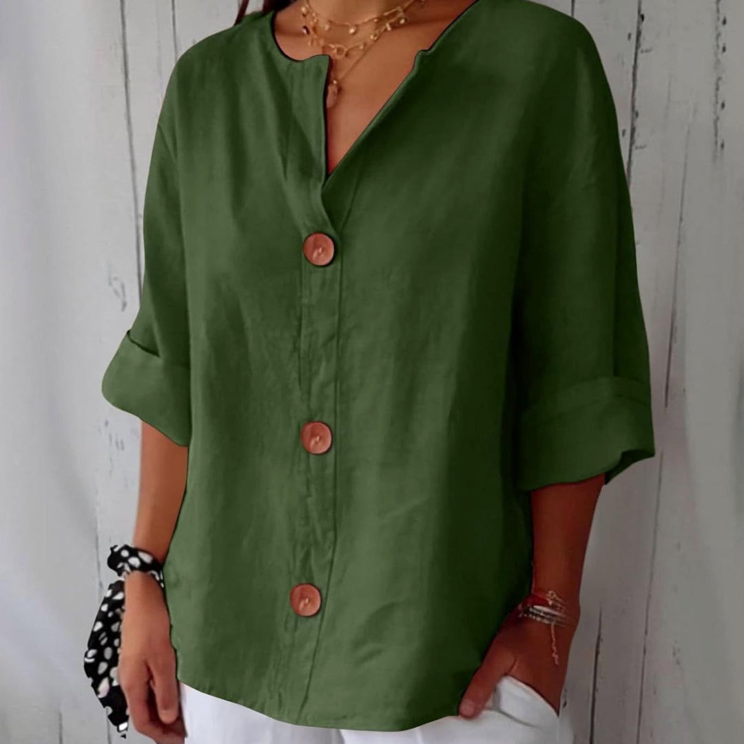 Women's Relaxed-Fit V-Neck Button-Down Linen Blouse - Green