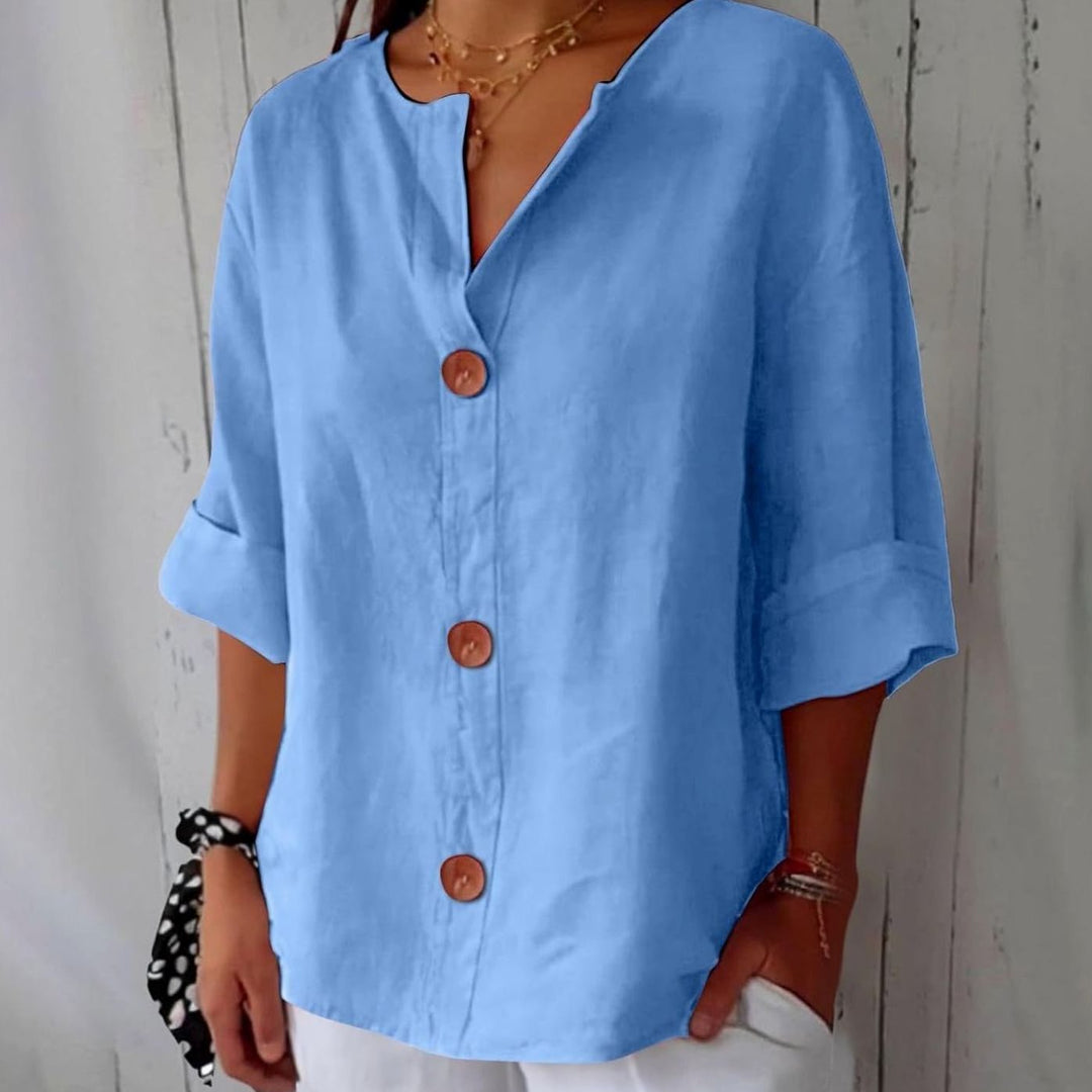 Women's Relaxed-Fit V-Neck Button-Down Linen Blouse - Light Blue