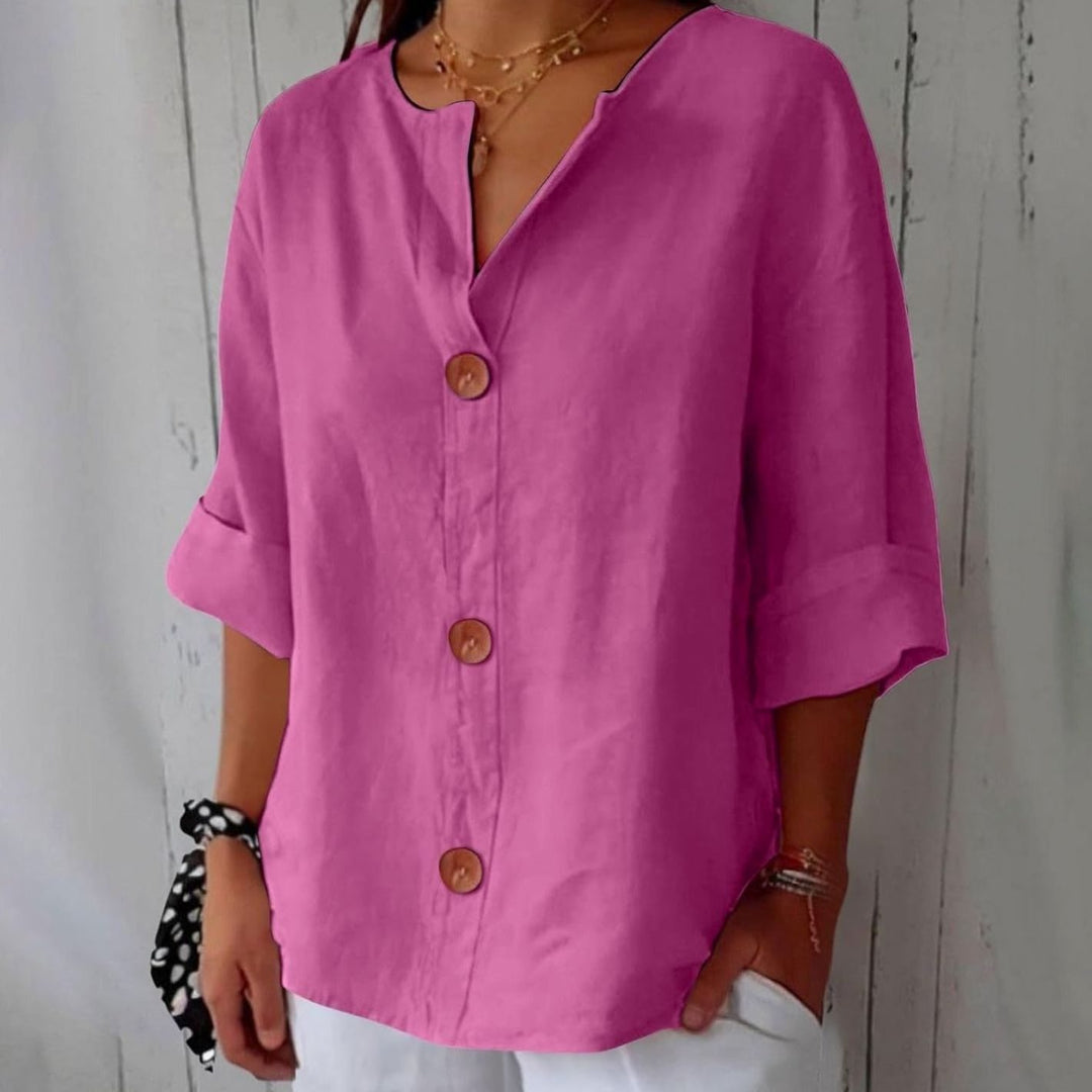 Women's Relaxed-Fit V-Neck Button-Down Linen Blouse - Pink
