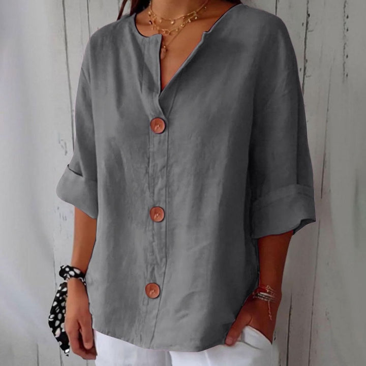 Women's Relaxed-Fit V-Neck Button-Down Linen Blouse - Gray