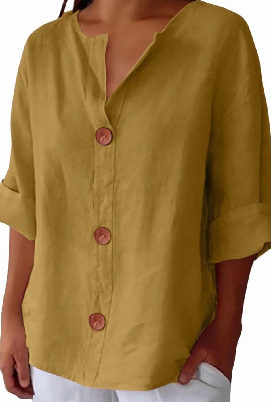 Women's Relaxed-Fit V-Neck Button-Down Linen Blouse - Yellow