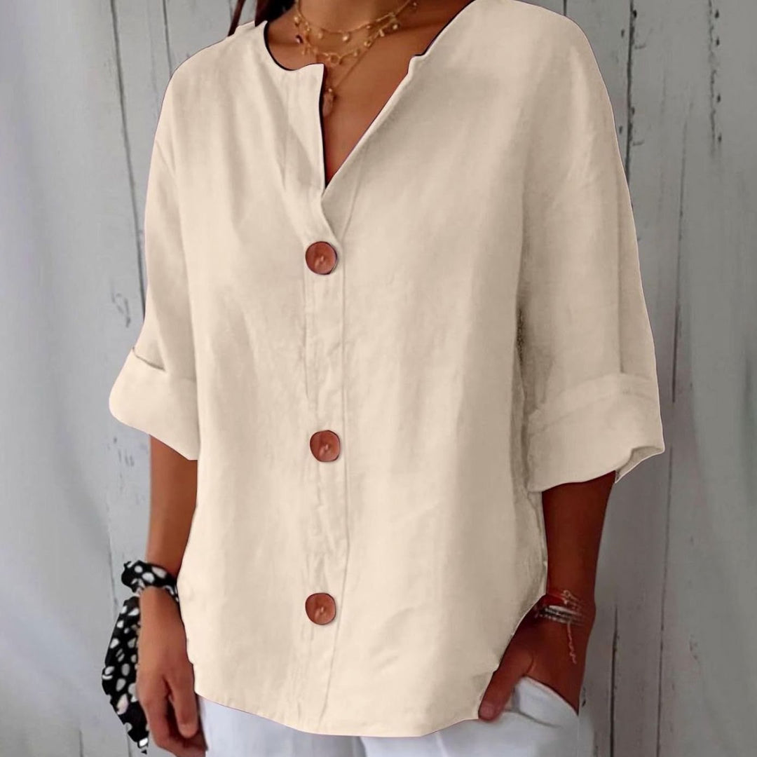 Women's Relaxed-Fit V-Neck Button-Down Linen Blouse - Beige