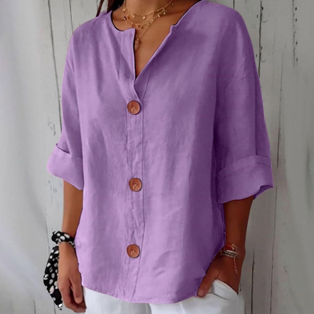 Women's Relaxed-Fit V-Neck Button-Down Linen Blouse - Purple