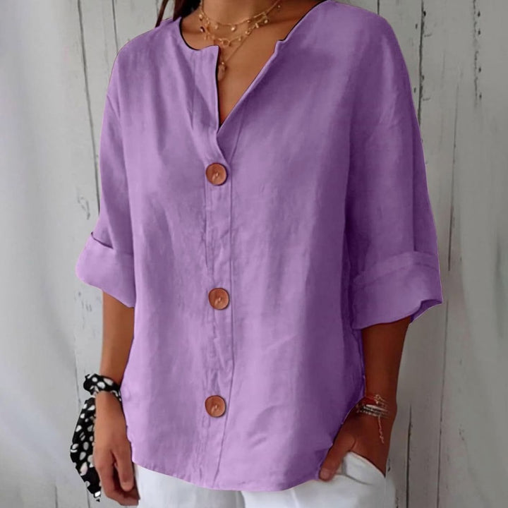 Women's Relaxed-Fit V-Neck Button-Down Linen Blouse - Purple