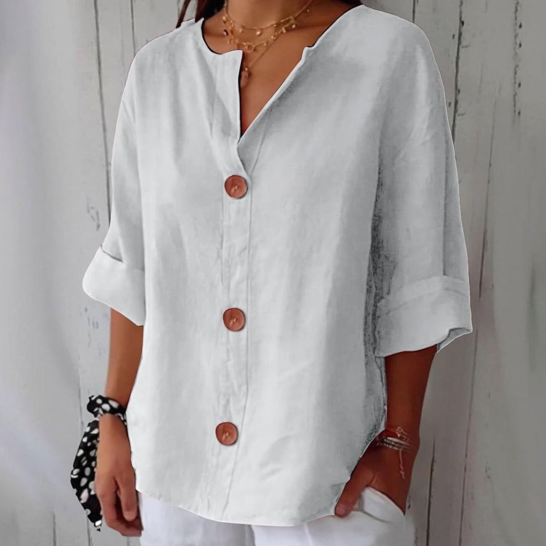 Women's Relaxed-Fit V-Neck Button-Down Linen Blouse - White