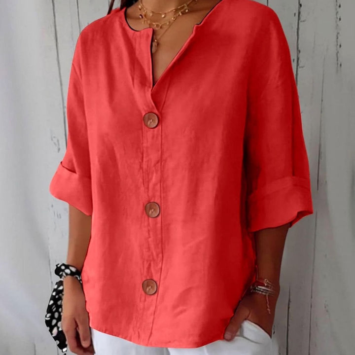 Women's Relaxed-Fit V-Neck Button-Down Linen Blouse - Red