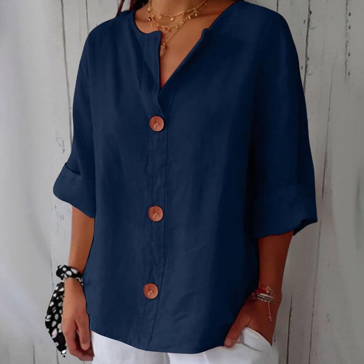 Women's Relaxed-Fit V-Neck Button-Down Linen Blouse - Blue