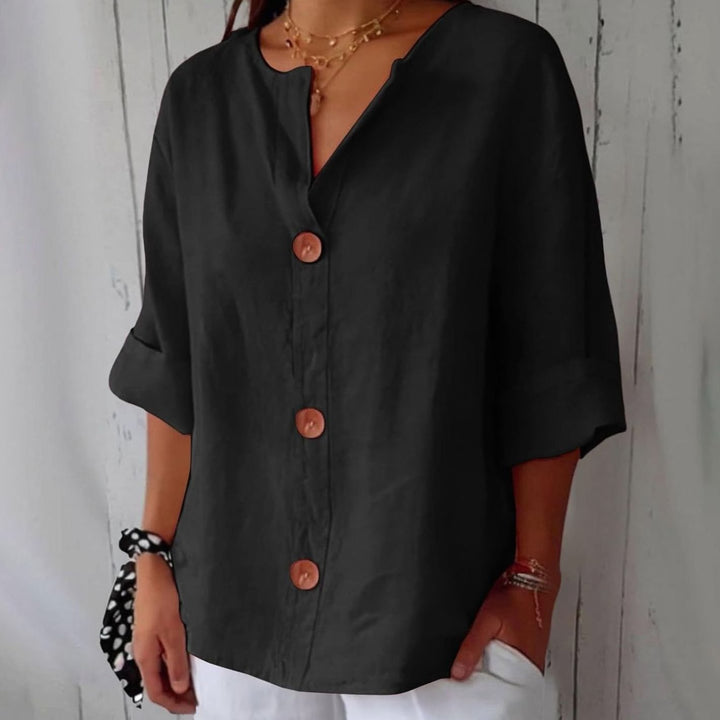 Women's Relaxed-Fit V-Neck Button-Down Linen Blouse - Black
