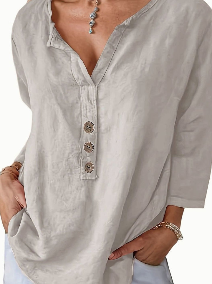 Women's Relaxed-Fit V-Neck Button-Front Cotton Blouse - Apricot
