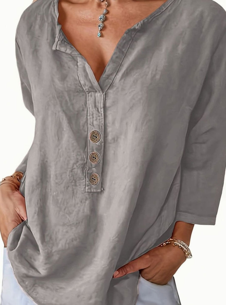 Women's Relaxed-Fit V-Neck Button-Front Cotton Blouse - Gray