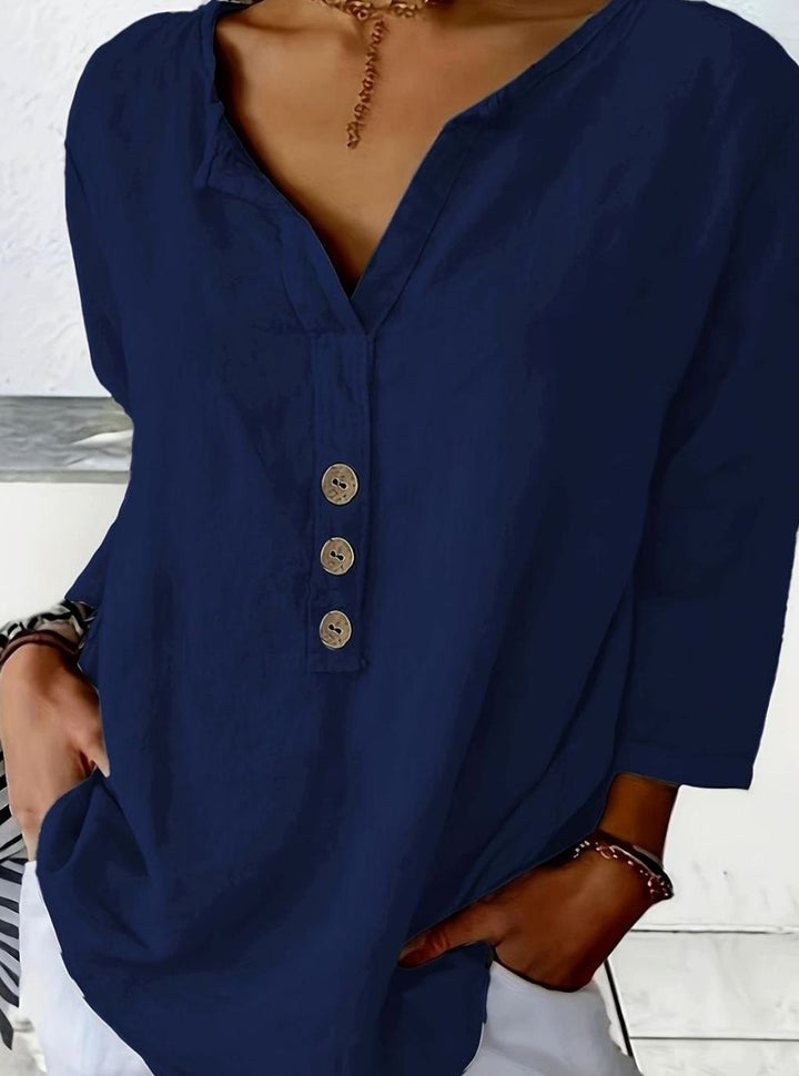 Women's Relaxed-Fit V-Neck Button-Front Cotton Blouse - Navy Blue