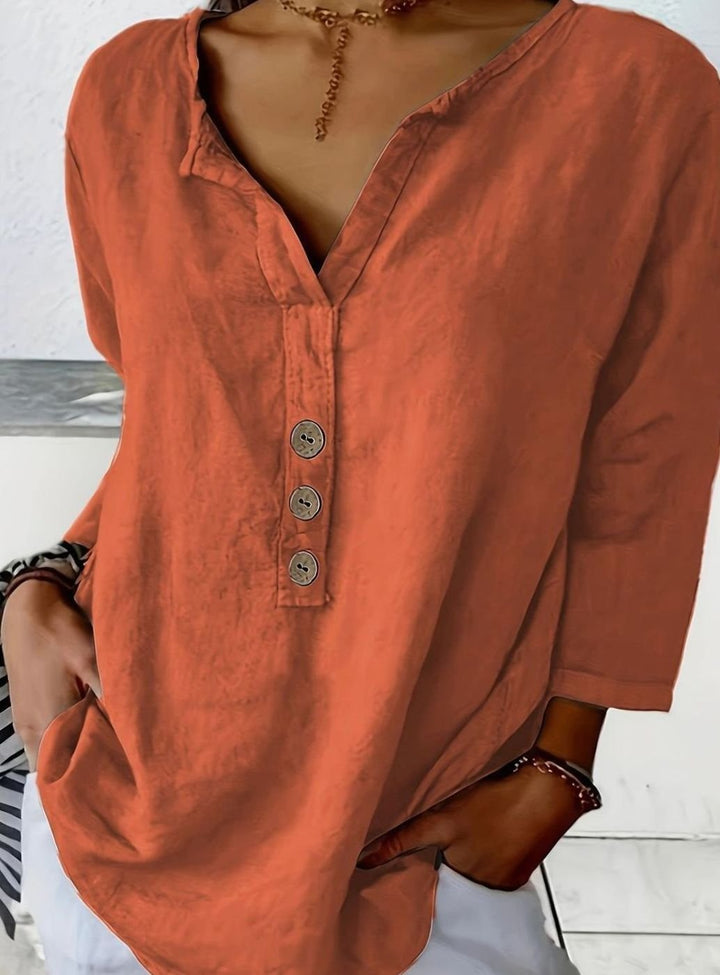 Women's Relaxed-Fit V-Neck Button-Front Cotton Blouse - Orange