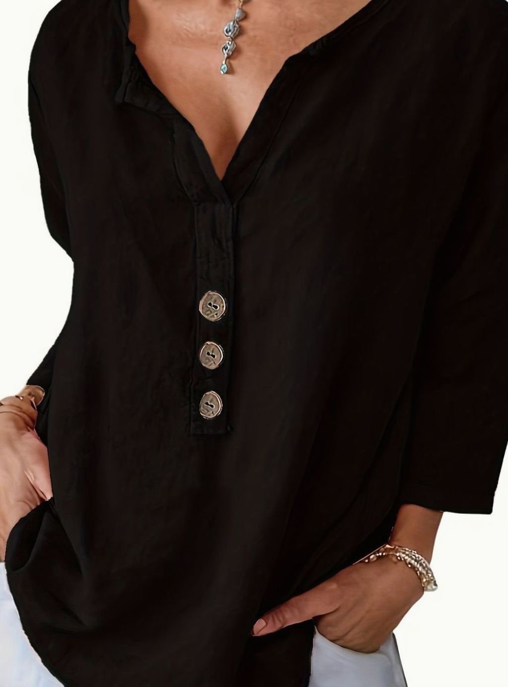 Women's Relaxed-Fit V-Neck Button-Front Cotton Blouse - Black