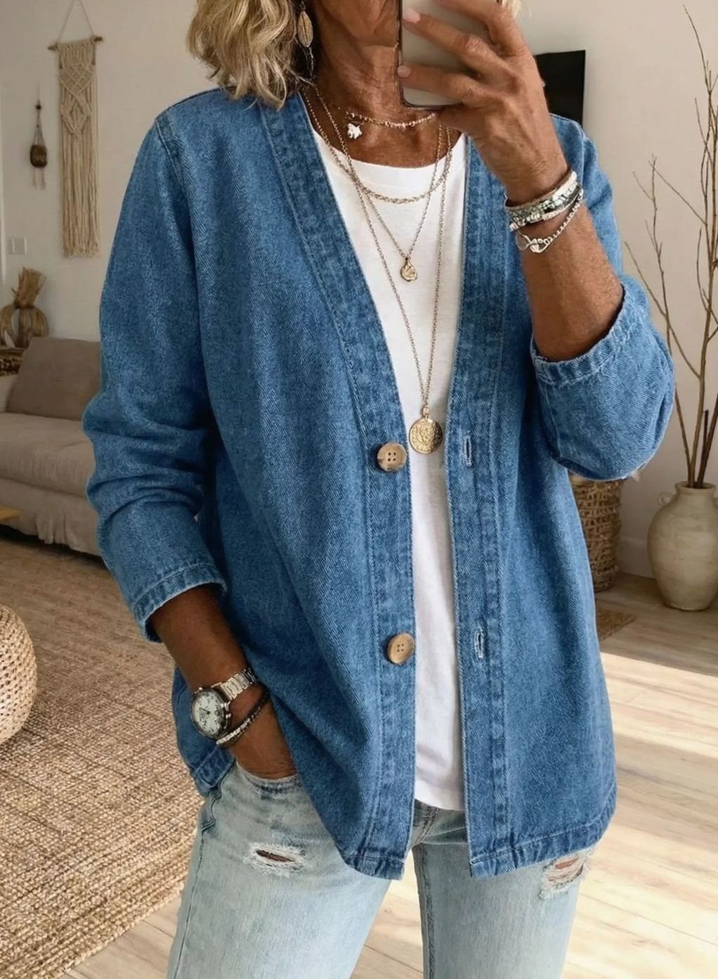 Women's Relaxed-Fit V-Neck Button-Front Denim Cardigan - Denim Blue