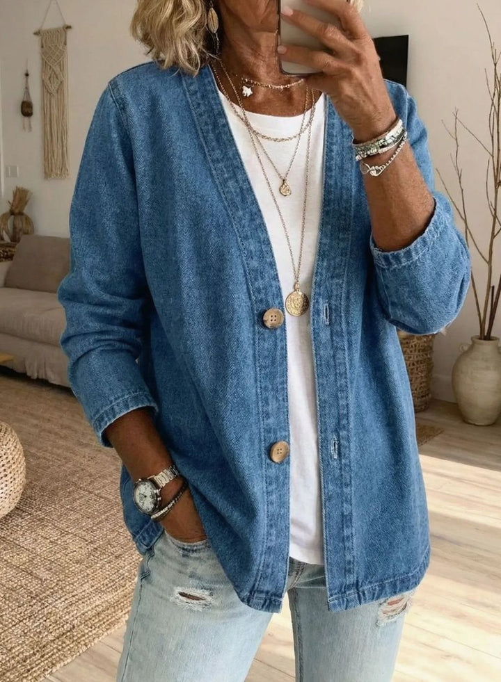 Women's Relaxed-Fit V-Neck Button-Front Denim Cardigan - Denim Blue