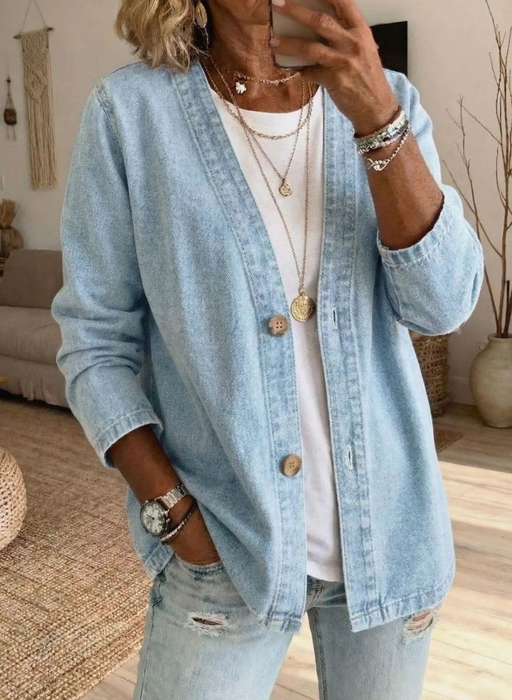 Women's Relaxed-Fit V-Neck Button-Front Denim Cardigan - Light Blue