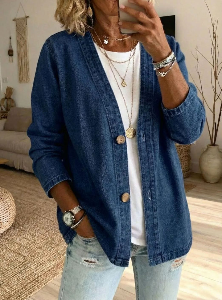 Women's Relaxed-Fit V-Neck Button-Front Denim Cardigan - Dark Blue