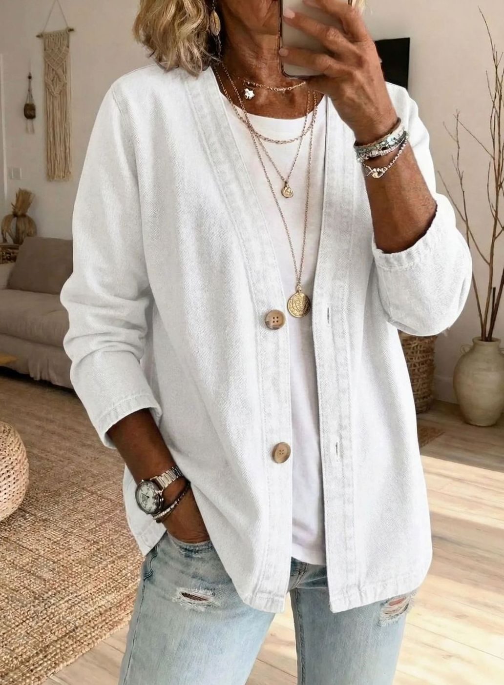 Women's Relaxed-Fit V-Neck Button-Front Denim Cardigan - White