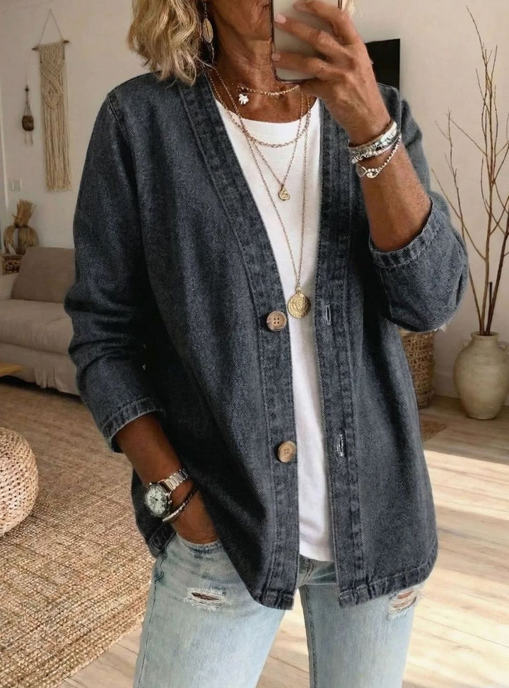 Women's Relaxed-Fit V-Neck Button-Front Denim Cardigan - Black