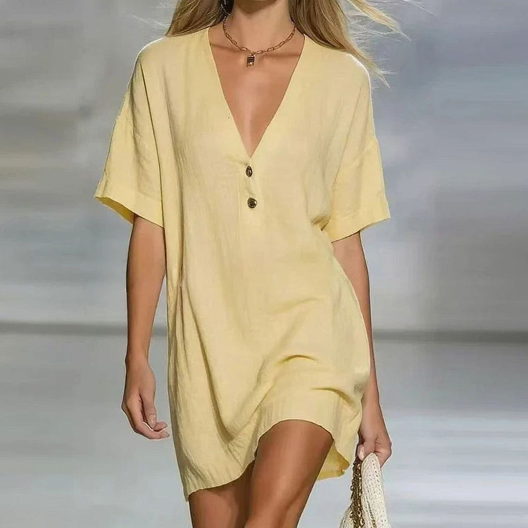 Women's Relaxed-Fit V-Neck Button-Front Short Sleeve Mini Dress - Yellow