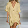 Mia | Women's Relaxed-Fit V-Neck Button-Front Short Sleeve Mini Dress