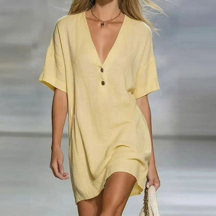 Women's Relaxed-Fit V-Neck Button-Front Short Sleeve Mini Dress - Yellow
