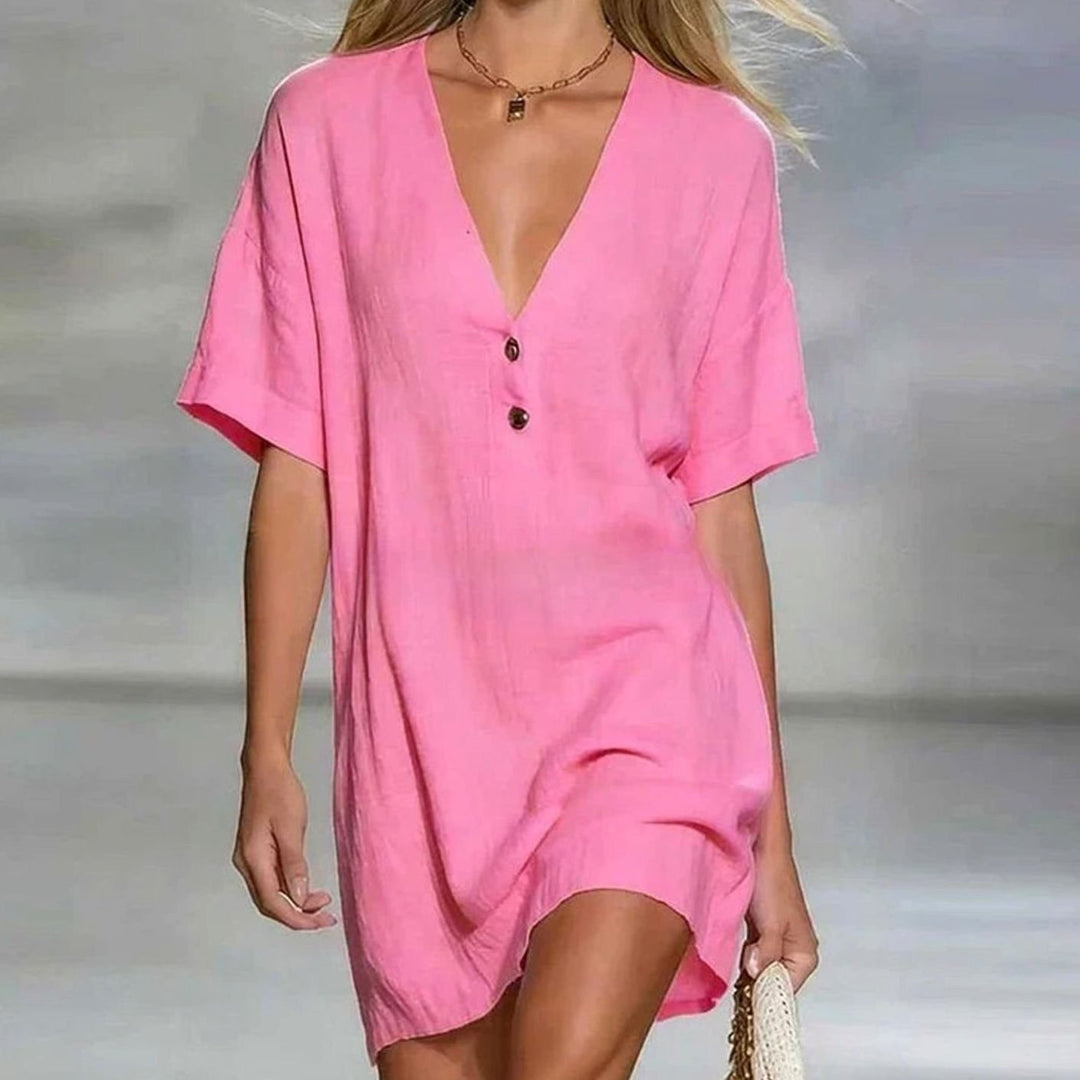 Women's Relaxed-Fit V-Neck Button-Front Short Sleeve Mini Dress - Pink