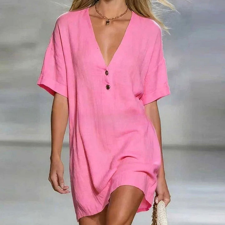 Women's Relaxed-Fit V-Neck Button-Front Short Sleeve Mini Dress - Pink