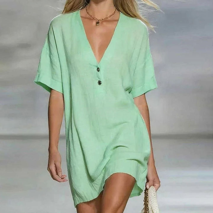 Women's Relaxed-Fit V-Neck Button-Front Short Sleeve Mini Dress - Green