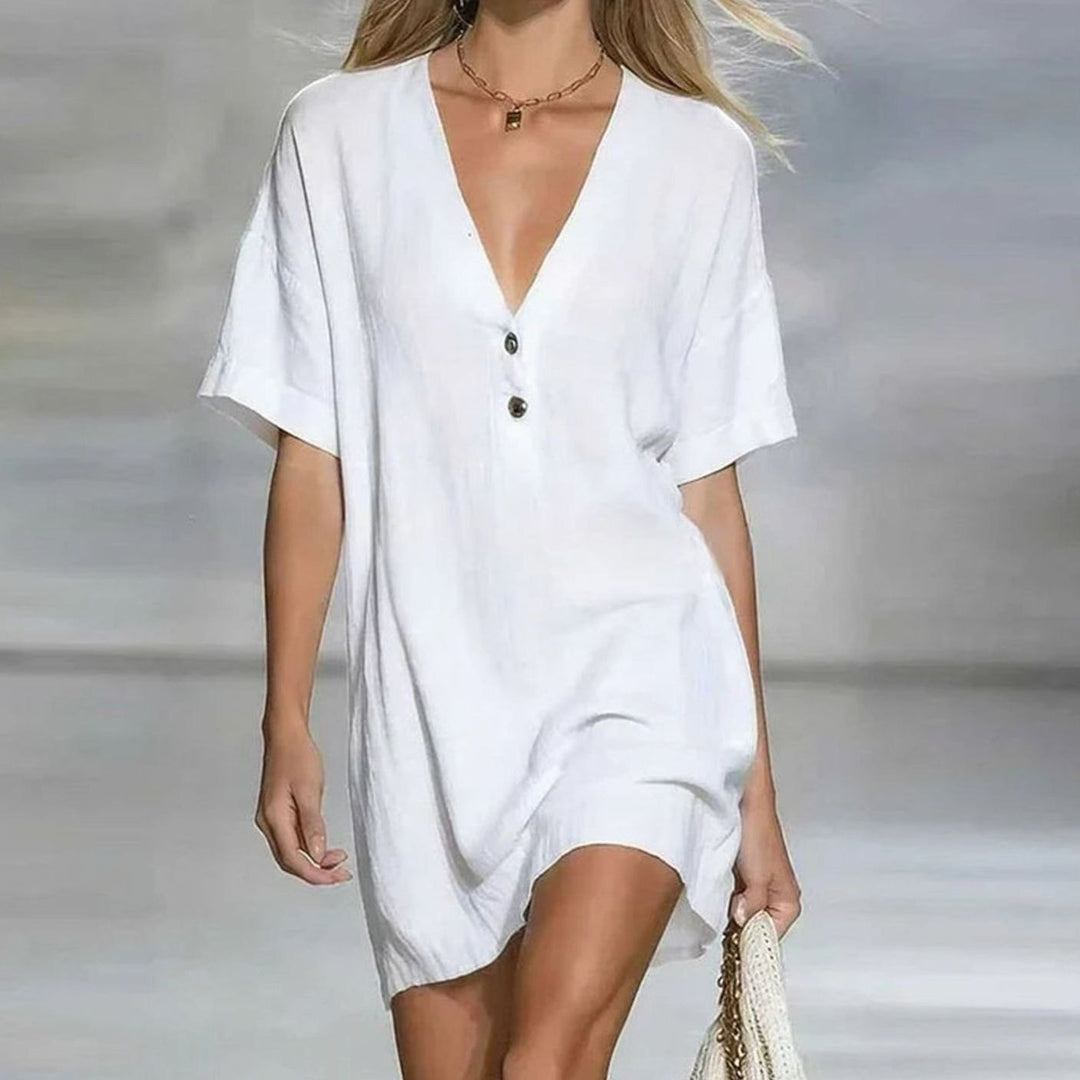 Women's Relaxed-Fit V-Neck Button-Front Short Sleeve Mini Dress - White