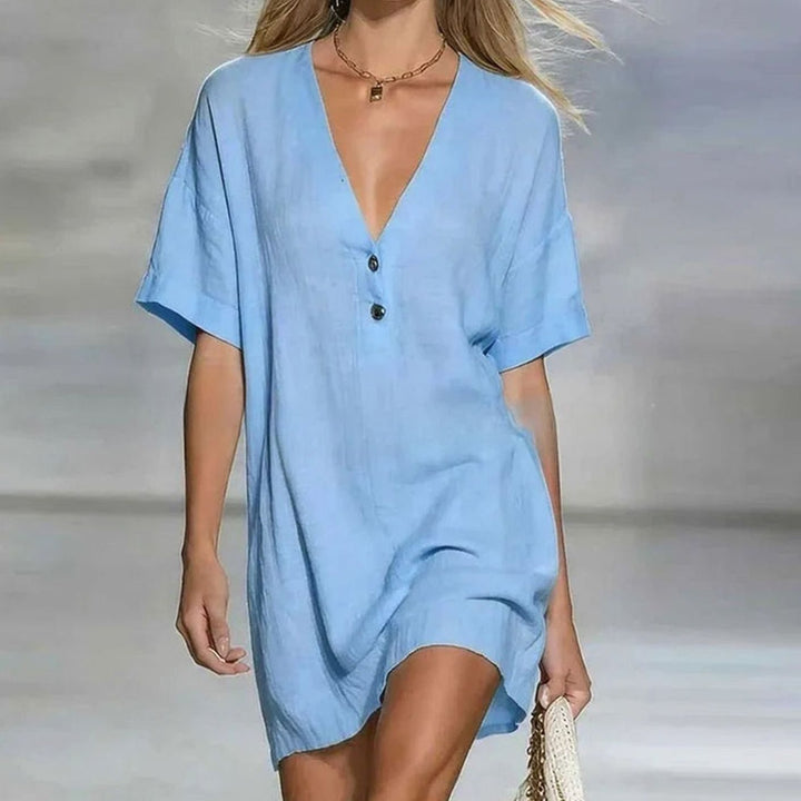 Women's Relaxed-Fit V-Neck Button-Front Short Sleeve Mini Dress - Blue