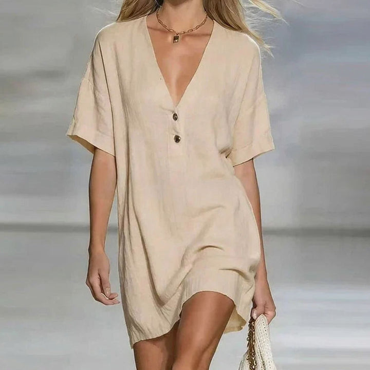Women's Relaxed-Fit V-Neck Button-Front Short Sleeve Mini Dress - Beige