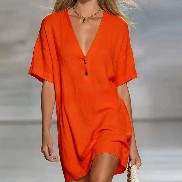 Women's Relaxed-Fit V-Neck Button-Front Short Sleeve Mini Dress - Orange