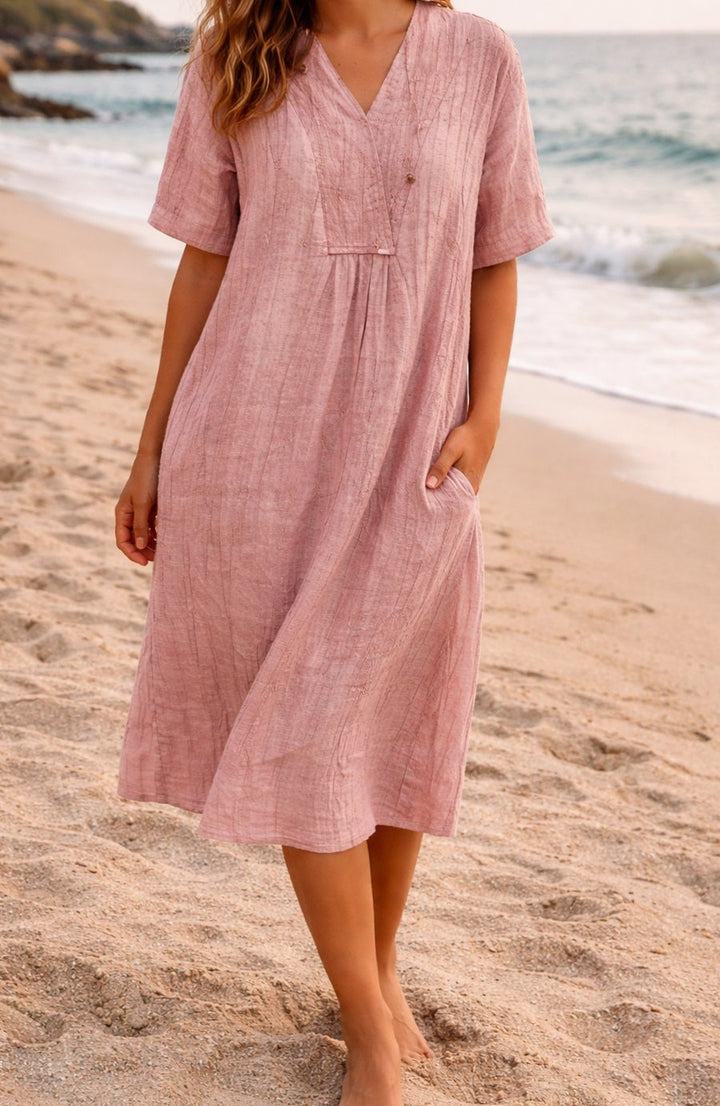 Women's Relaxed Fit V-Neck Linen Midi Dress with Pockets - Pink