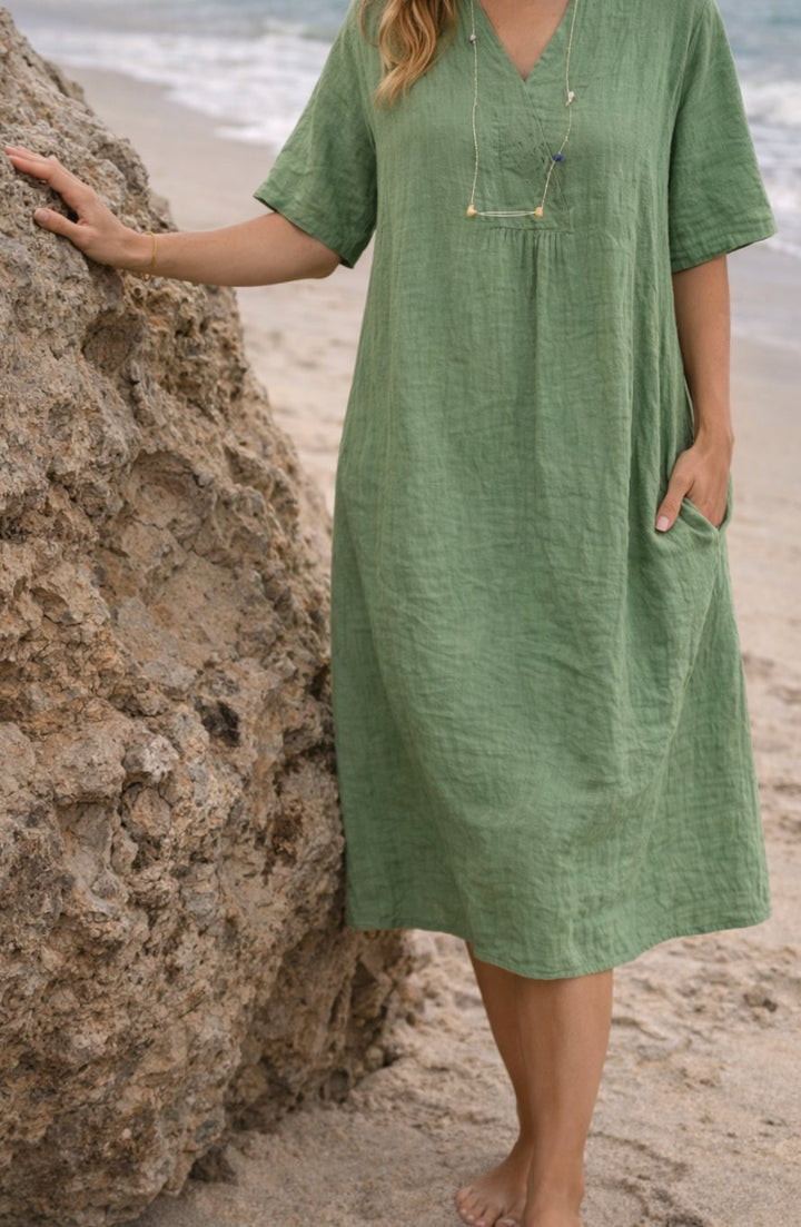 Women's Relaxed Fit V-Neck Linen Midi Dress with Pockets - Dark Green