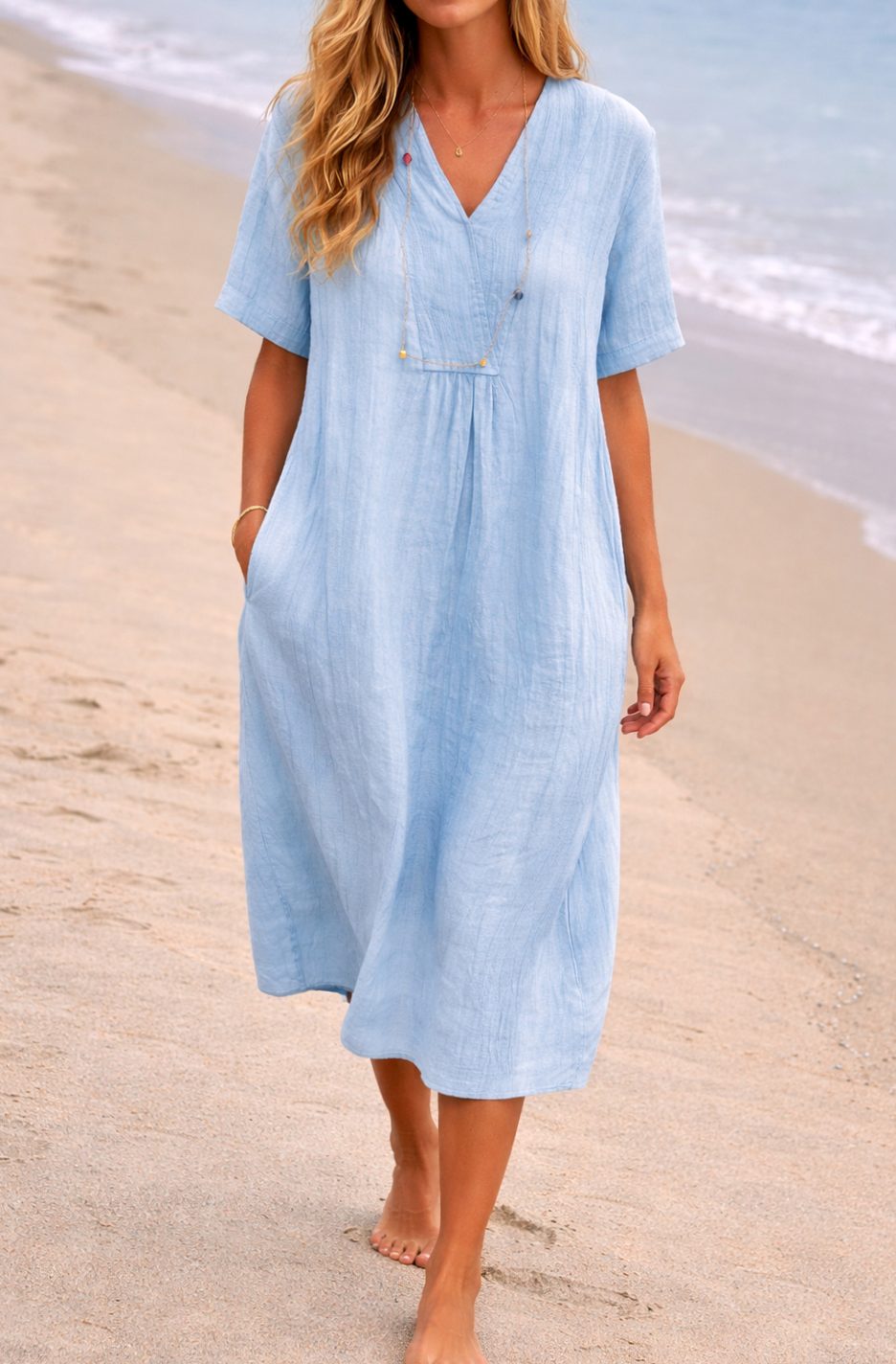 Women's Relaxed Fit V-Neck Linen Midi Dress with Pockets - Light Blue