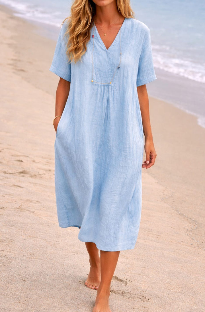 Women's Relaxed Fit V-Neck Linen Midi Dress with Pockets - Light Blue