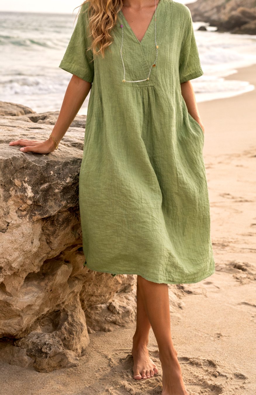 Women's Relaxed Fit V-Neck Linen Midi Dress with Pockets - Green