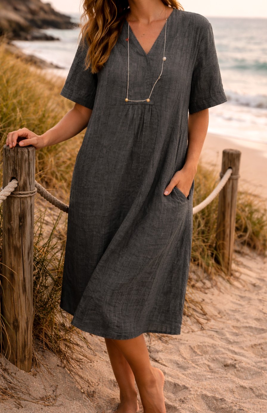 Women's Relaxed Fit V-Neck Linen Midi Dress with Pockets - Black