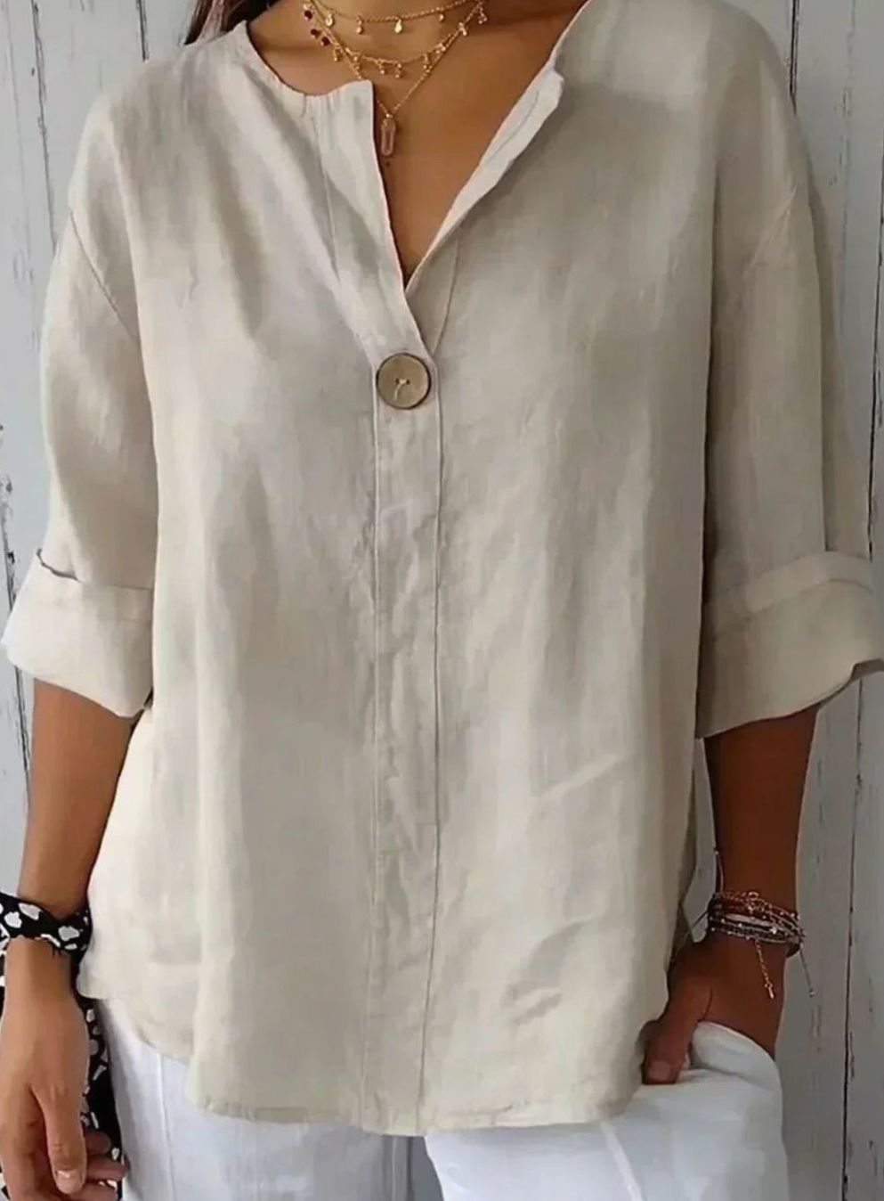 Women's Relaxed-Fit V-Neck Single-Button Linen Blouse - Beige