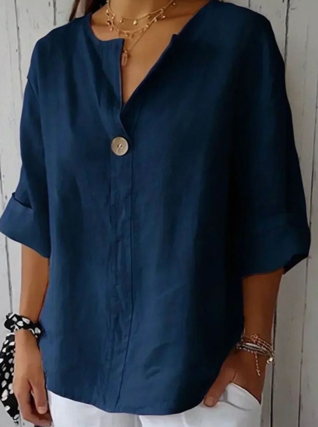 Women's Relaxed-Fit V-Neck Single-Button Linen Blouse - Navy Blue