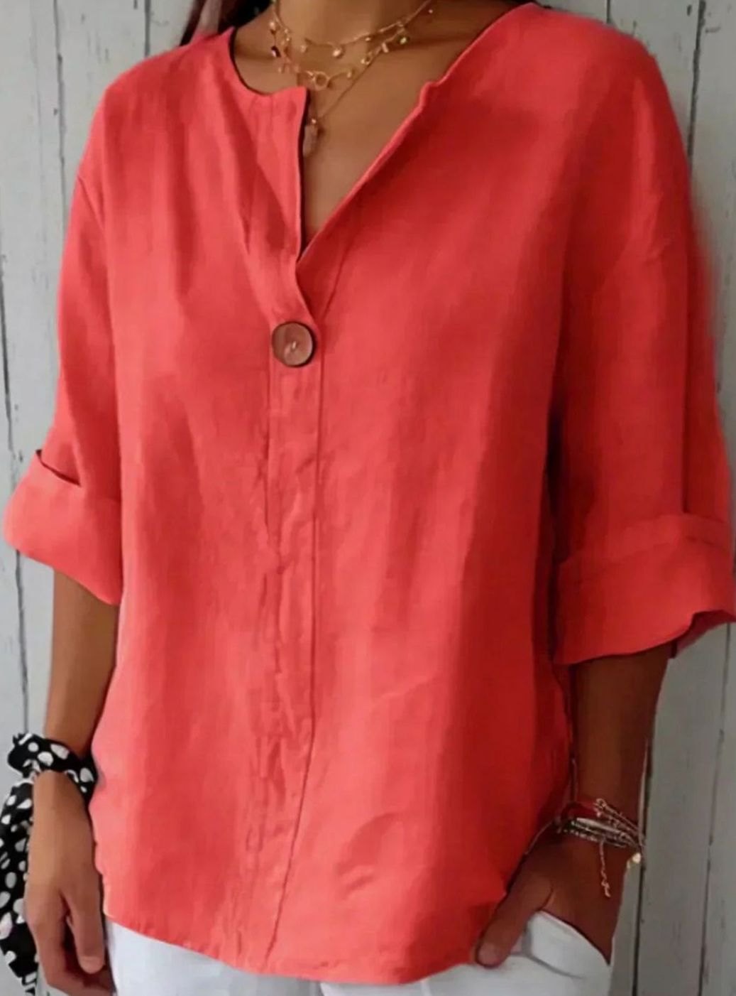Women's Relaxed-Fit V-Neck Single-Button Linen Blouse - Red