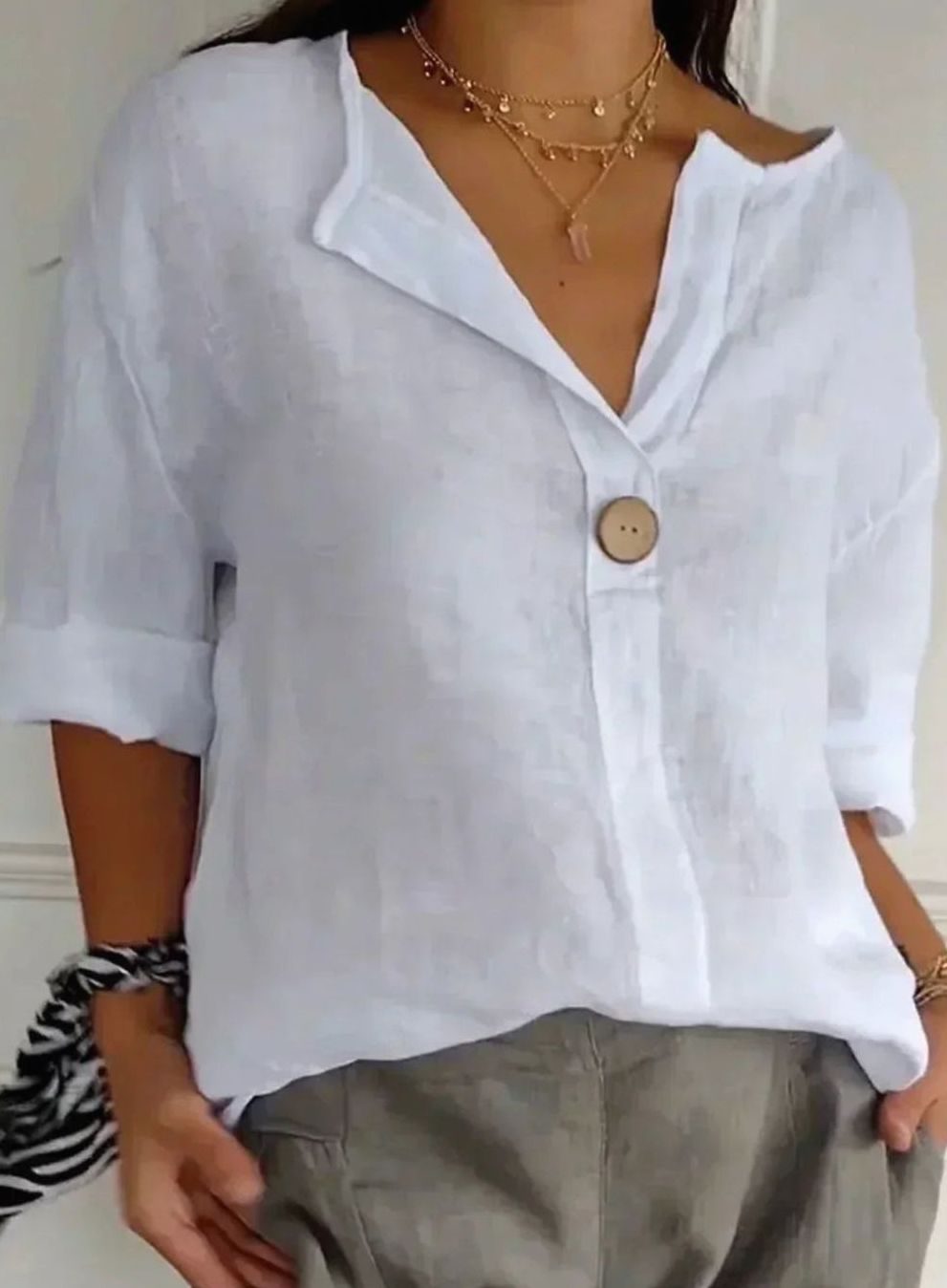 Women's Relaxed-Fit V-Neck Single-Button Linen Blouse - White