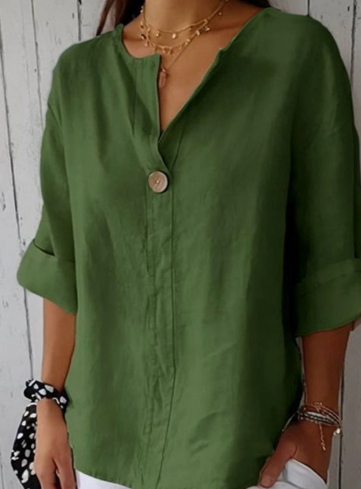 Women's Relaxed-Fit V-Neck Single-Button Linen Blouse - Green