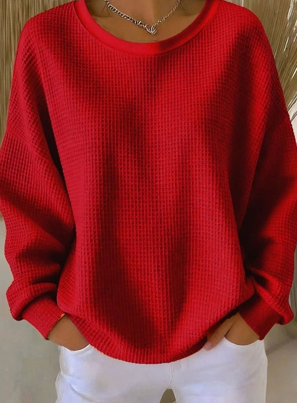 Women's Relaxed-Fit Waffle-Knit Oversized Sweater, Light Blue - Red