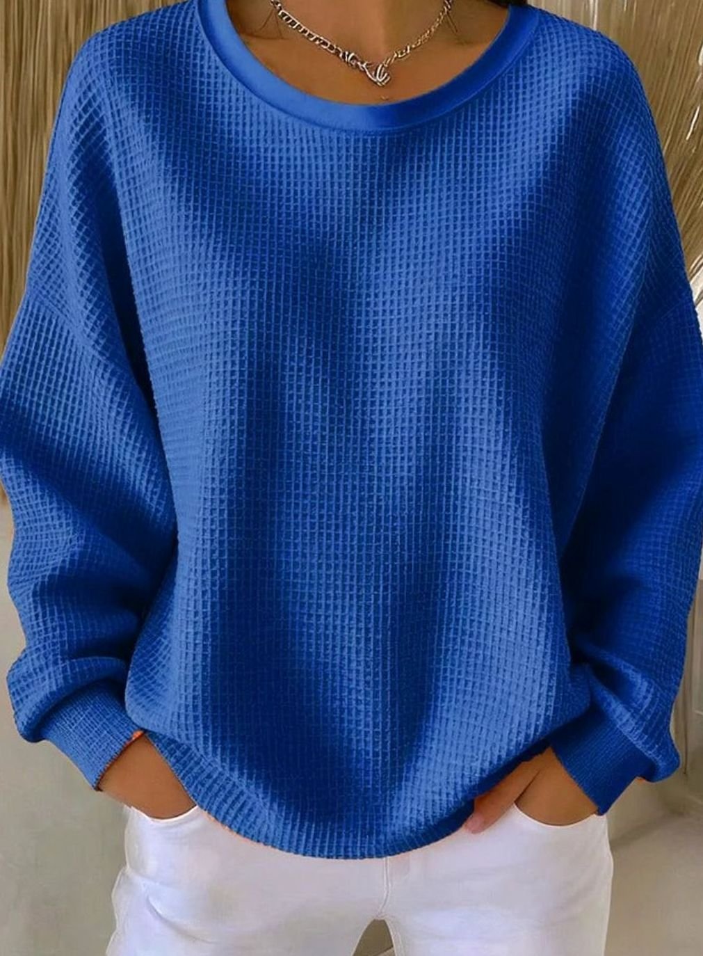 Women's Relaxed-Fit Waffle-Knit Oversized Sweater, Light Blue - Blue