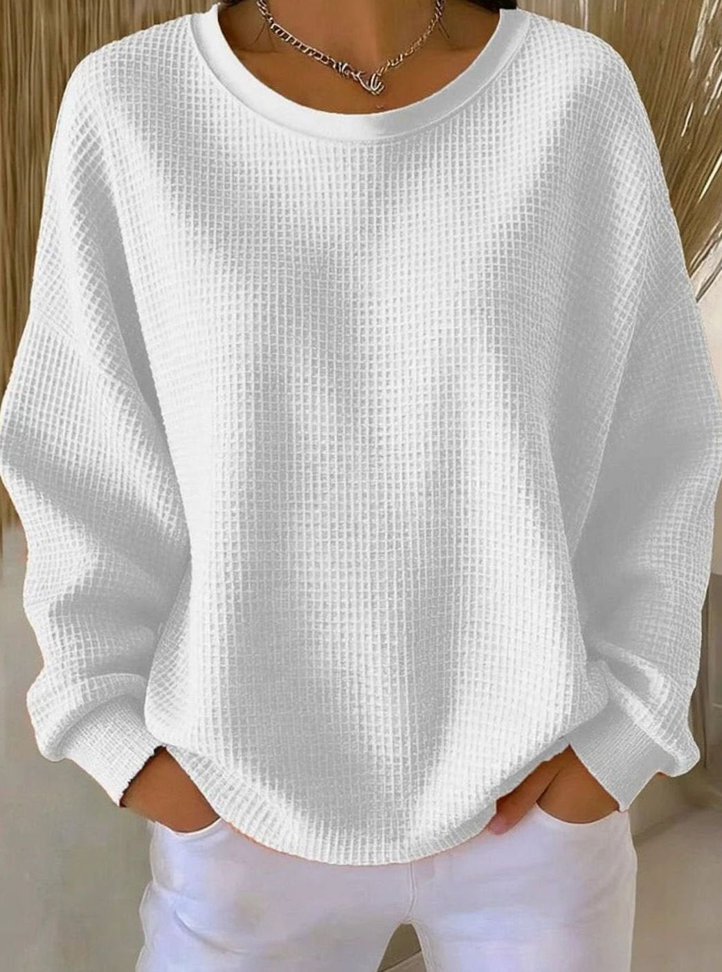 Women's Relaxed-Fit Waffle-Knit Oversized Sweater, Light Blue - White