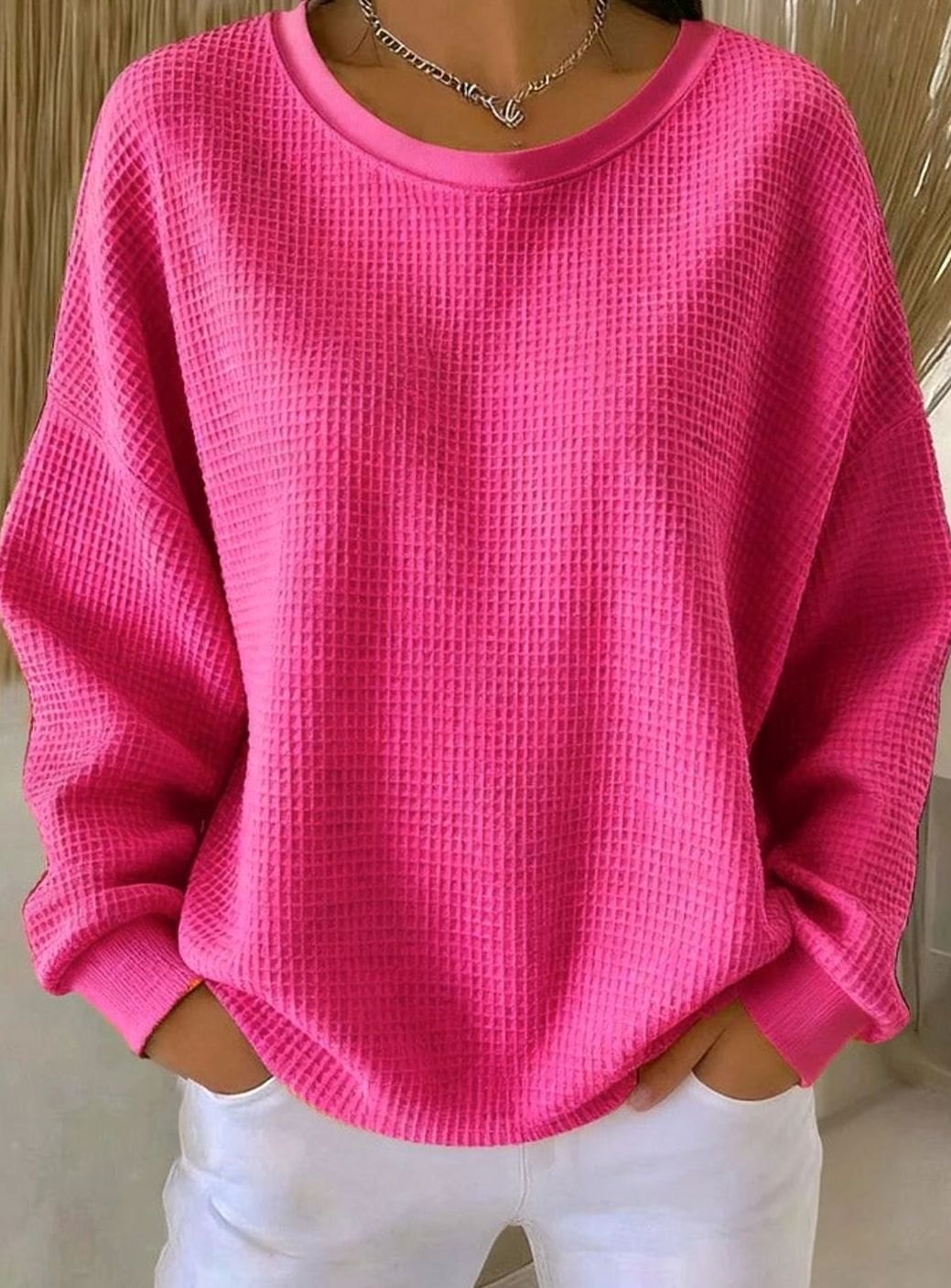 Women's Relaxed-Fit Waffle-Knit Oversized Sweater, Light Blue - Bright Pink