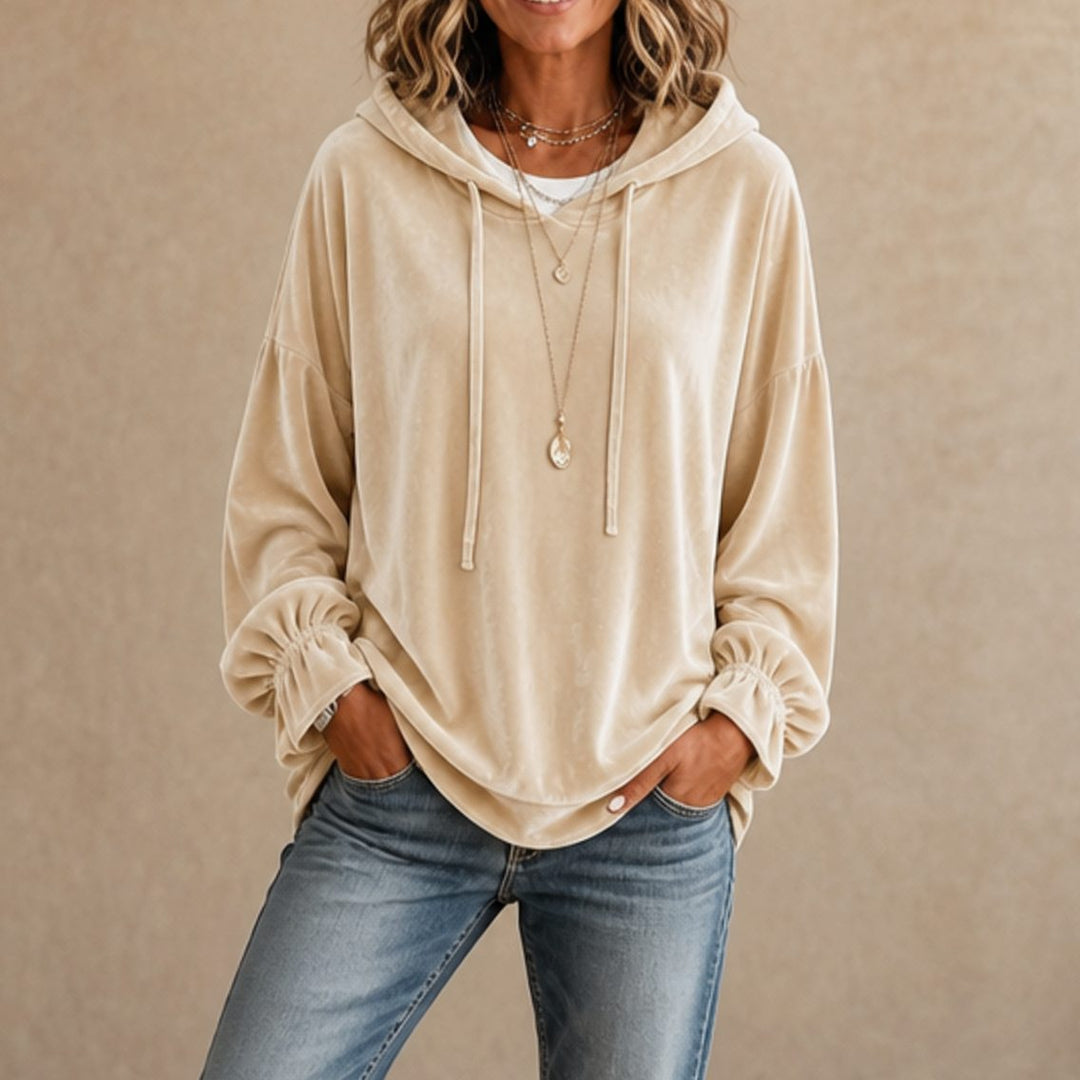 Women's Relaxed Velvet Drawstring Hoodie Ruffle-Cuff Sweatshirt - Apricot